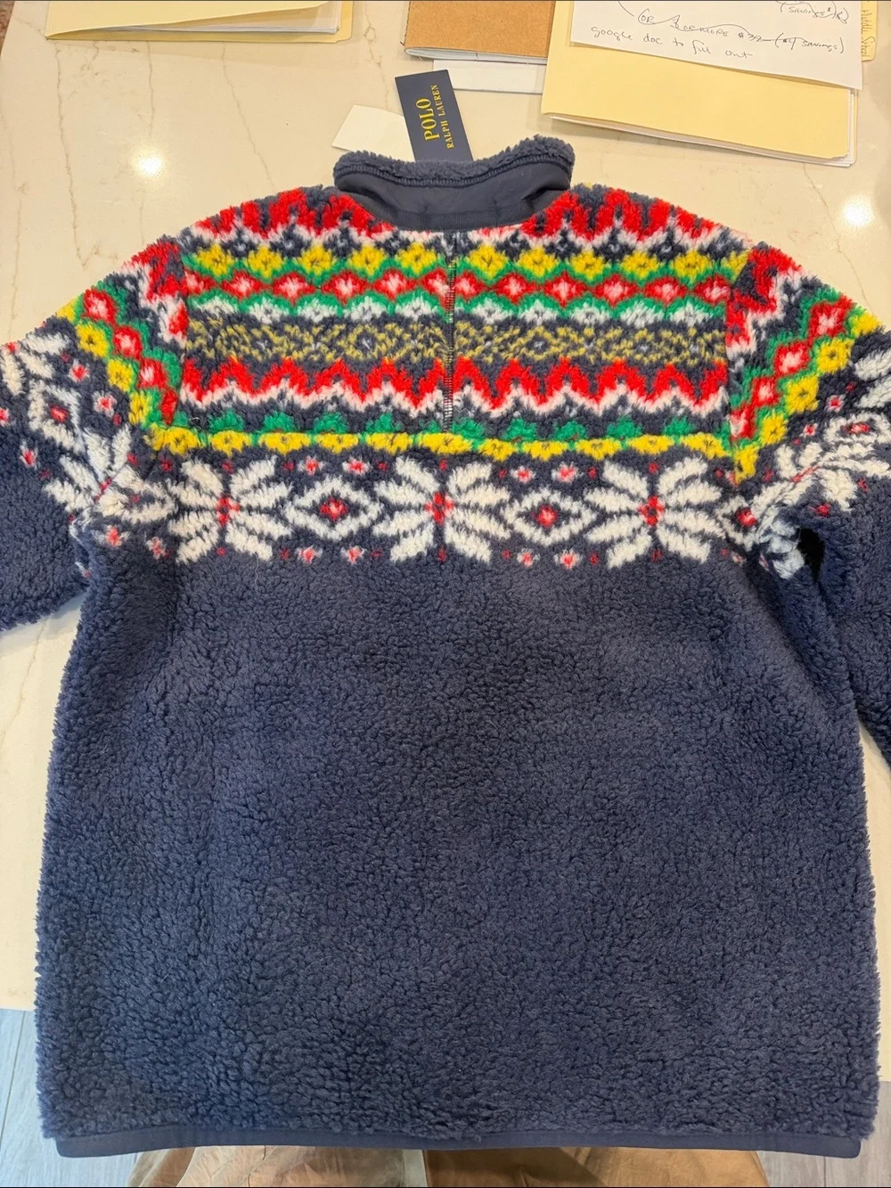 POLO Ralph Lauren Navy Sherpa Zip-Up Jacket with Multicolor Fair Isle Yoke